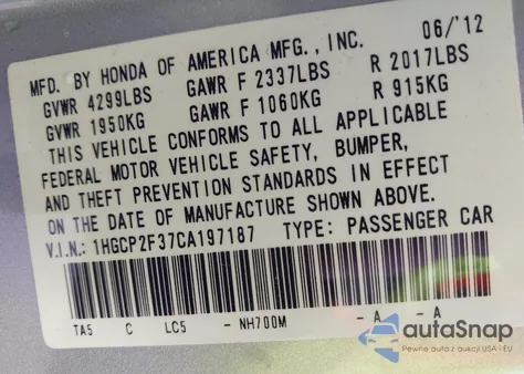 2012 Honda Accord 2.4 Lx from USA, damaged, VIN 1HGCP2F37CA197187